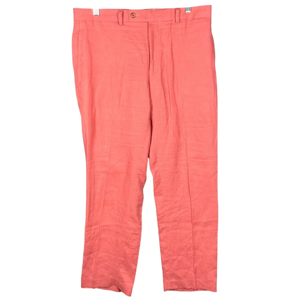 Ralph Lauren Linen Trousers Mens 33x30 Salmon Pink Flat Front Pants
